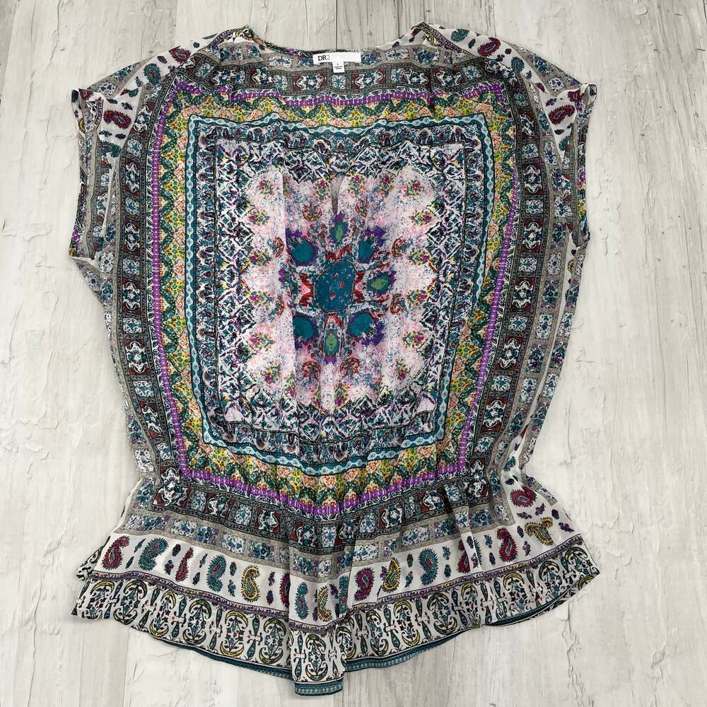 DR2 Sheer Colorful Geometric Pattern Lightweight V Neck Sleeveless Blouse Large